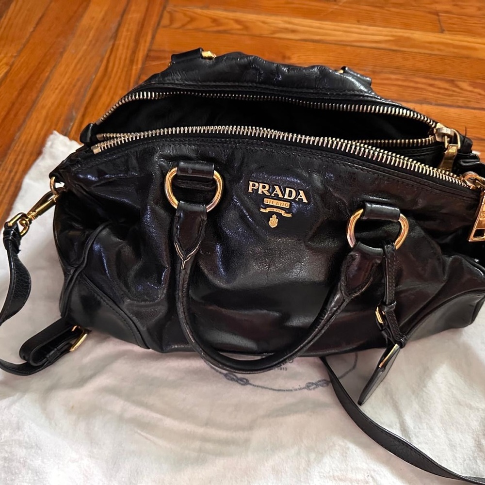Prada Glazed Leather Double Zipper Vitelli Bag
